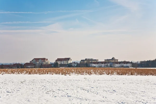 Beautiful landscape in winter with snow and housing area — Stock Photo, Image