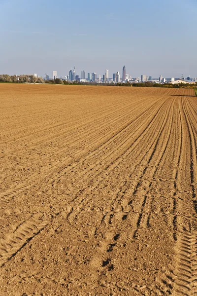 Campos recién arados con horizonte de Frankfurt —  Fotos de Stock