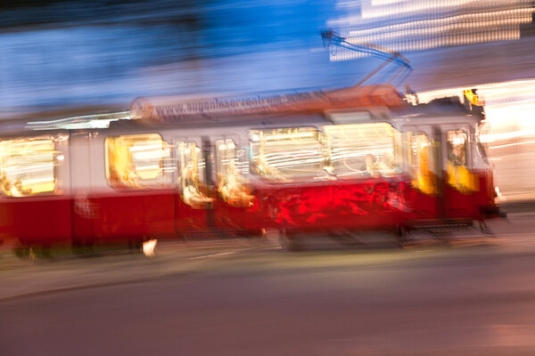 Vintage tram in vienna in motion