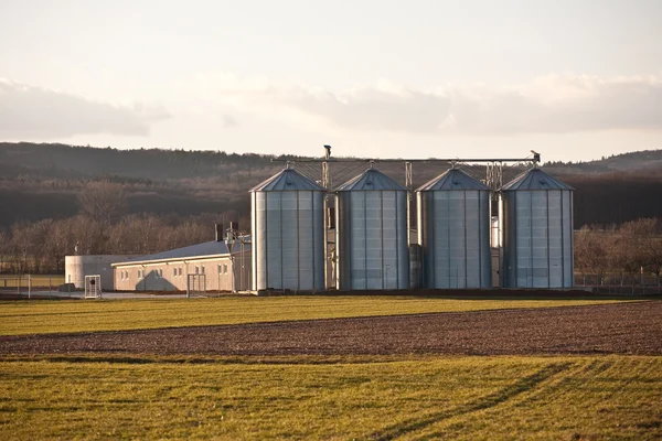 Prachtige landschap met silo en veld met blauwe hemel — Stockfoto