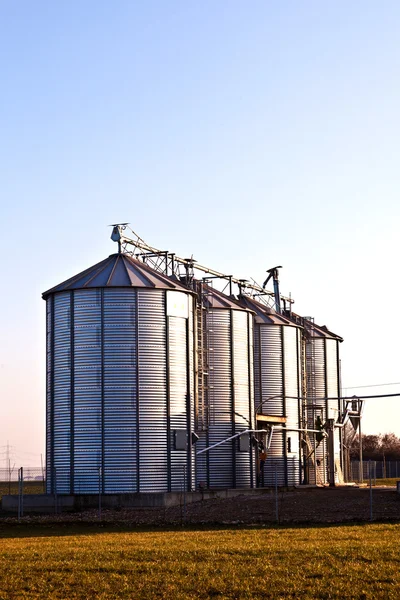 Silver silos in the field — Stock Photo, Image