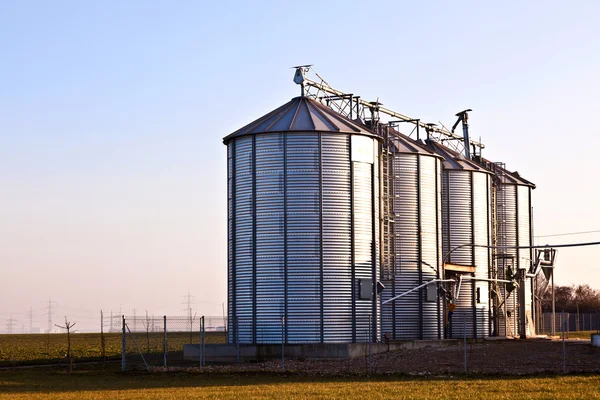 Zilveren silo's op het gebied — Stockfoto