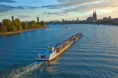 Freight ship on river Rhine by Cologne in Germany clipart