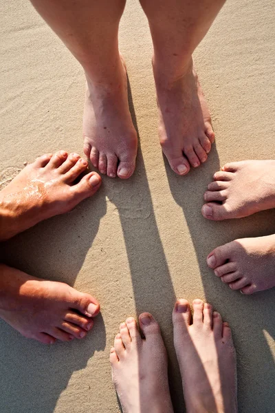 Pés de uma família na areia fina da praia, agrupados em um c — Fotografia de Stock