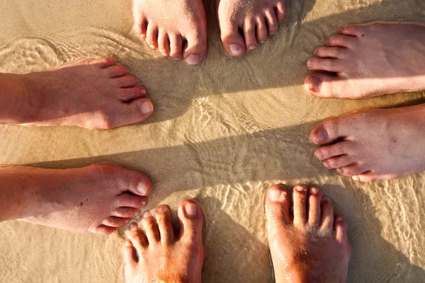 Ноги сім'ї у дрібному піску на пляжі, згруповані в c — стокове фото