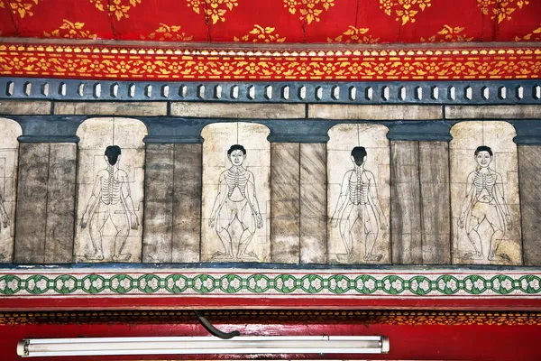 Pinturas no templo Wat Pho ensinam acupuntura e medicina de despedida — Fotografia de Stock