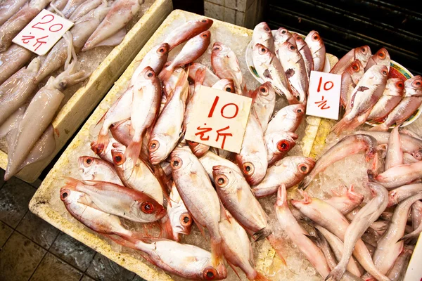Ganze frische Fische werden auf dem Fischmarkt in Asien angeboten — Stockfoto