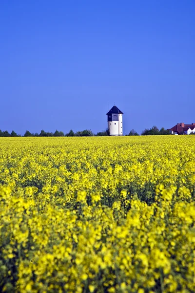 stock image Water tower in beautiful landscape with blue sky