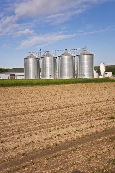 Plata brillante silo con acre en el paisaje — Foto de Stock