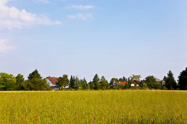 Nowy obszar mieszkalny w pobliżu łąki w pięknym krajobrazie — Zdjęcie stockowe