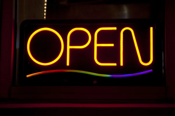Open sign at a shop in Miami at night — Stock Photo, Image