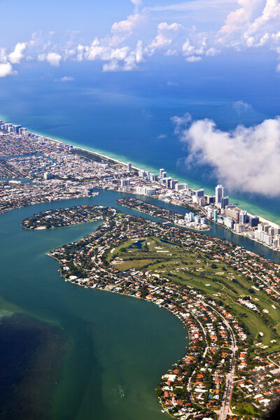Aerial oftown and beach of Miami