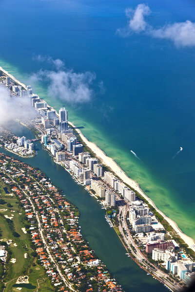 Aerial oftown and beach of Miami