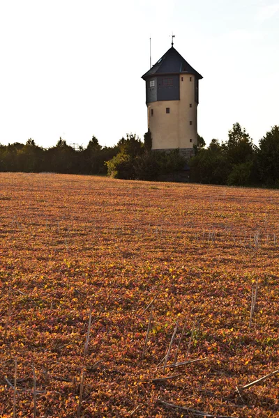 Wasserturm mit Feldern im Sonnenuntergang — Stockfoto