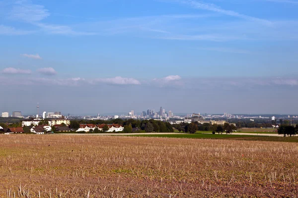 View to skyline of Frankfurt over colorful fields — Stock Photo, Image