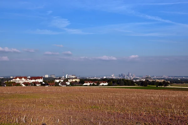Θέα στον ορίζοντα της Φρανκφούρτης πάνω από τα πολύχρωμα πεδία — Φωτογραφία Αρχείου