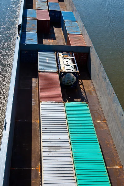 Ship on river transports container — Stock Photo, Image