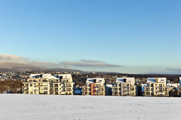 Schöne Landschaft mit Wohngebiet im Winter und blauem Himmel — Stockfoto