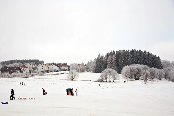 Дети катаются на санках зимой по снегу — стоковое фото