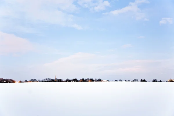Terrain plat avec neige en hiver avec des arbres — Photo