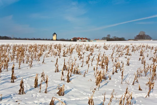 Prachtige landschap met watertoren en huisvesting gebied in de winter — Stockfoto
