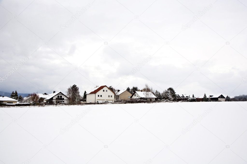 Flatland with houses and snow in winter