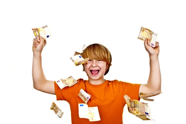 Euros flying around a boys head — Stock Photo, Image