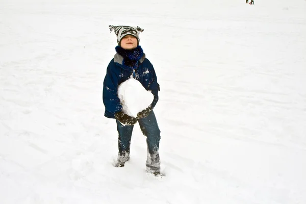 Boy carrying a huge snowball — Stock Photo, Image
