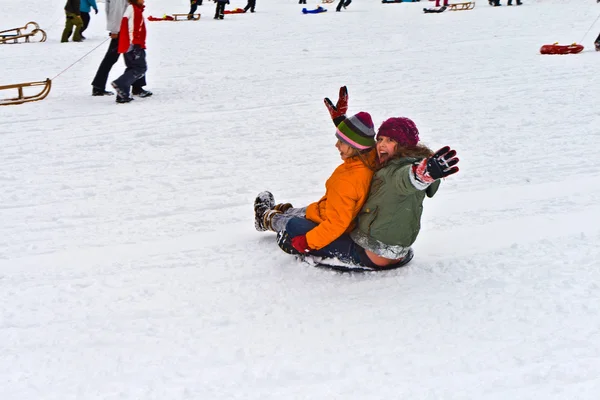 Børn har det sjovt at lege i sneen - Stock-foto