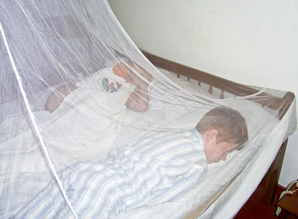 男の子はウンター日本人常駐のモスキート ネットを眠っています。 — ストック写真