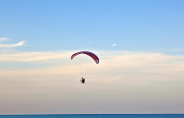 Paraglider flying over the beach with a paramotor clipart