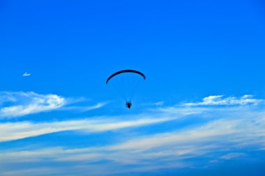 Paraglider flying over the beach with a paramotor clipart