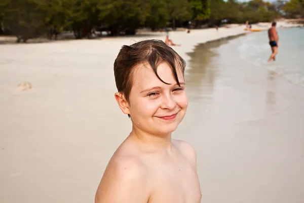 Boldog fiatal fiú barna nedves haj az ivóvíz, a bea갈색 젖은 머리와 함께 행복 한 소년 웃 고 즐기고는 — 스톡 사진