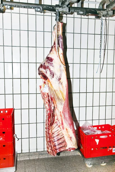Kött i en kall förvaring hus av en slaktare shoppar — Stockfoto