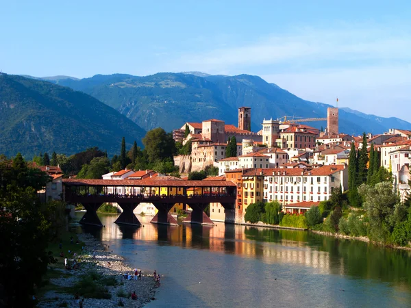 stock image The old wooden bridge spans the river brenta at the romantic vil