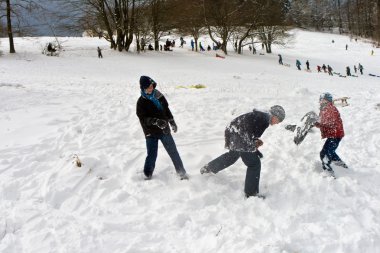 Children have a snowball fight in the white snowy area clipart