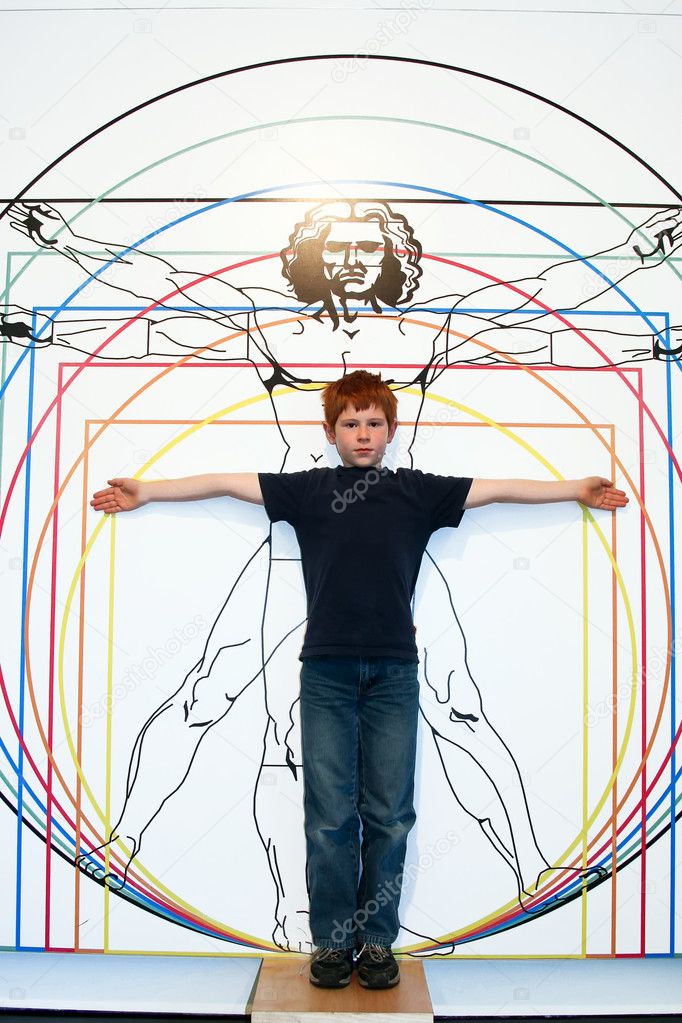 Boy imitates Leonardo da Vincis ideal man