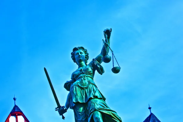 stock image Statue of Lady Justice in front of the Romer in Frankfurt - Germ