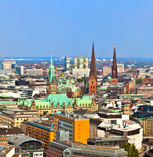 Cityscape of Hamburg from the famous tower Michaelis with view to the city and the harbor