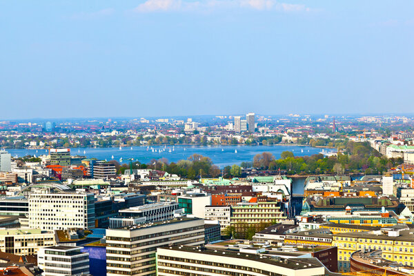 Cityscape of Hamburg from the famous tower Michaelis with view to the city and the harbor