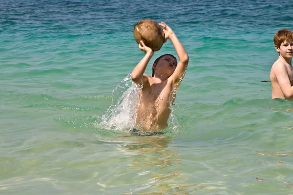 가족 아름 다운 beac에 바다에 코코넛을 놀으십시오 — 스톡 사진