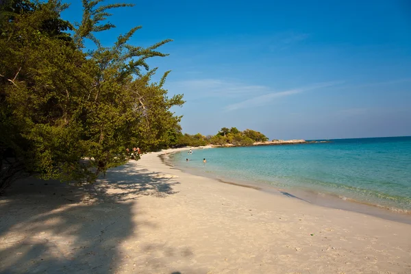 Пляж с мелким белым песком, деревьями и голубым морем в море. — стоковое фото