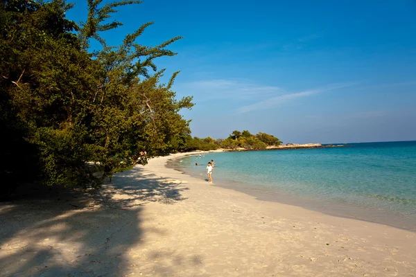 美丽的海滩与白色细沙和树木和蓝色的大海中 r — 图库照片