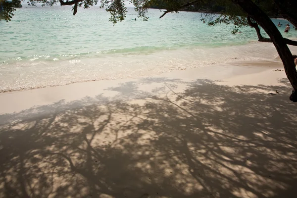 美丽的海滩与白色细沙和树木和蓝色的大海 — 图库照片