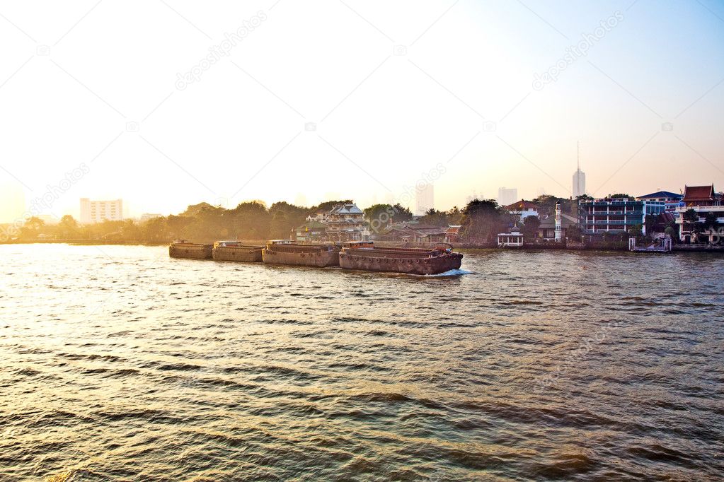 Cityview of Bangkok with river in golden sunrise