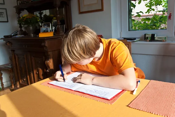 Мальчик делает домашнее задание для школы на дому — стоковое фото