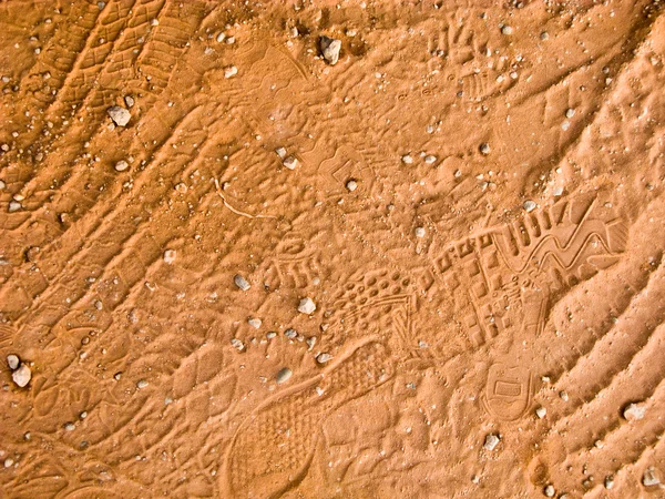 Fotspår i sanden i röd sandsten rester i h — Stockfoto