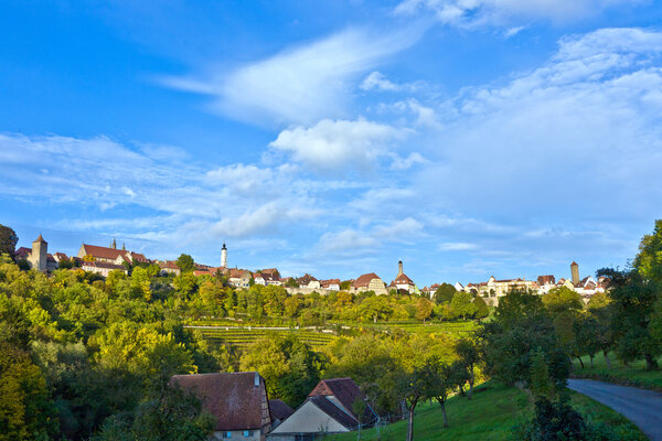 Rothenburg ob der Tauber, old famous city from medieval times seen from the romantic valley of the river Tauber