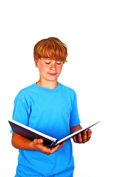 Handsome teen, reading, isolated on white, studio shot — Stock Photo, Image