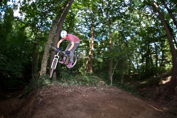 Cute teen jumping with his bike over a natural ramp in the fores — Stock Photo, Image